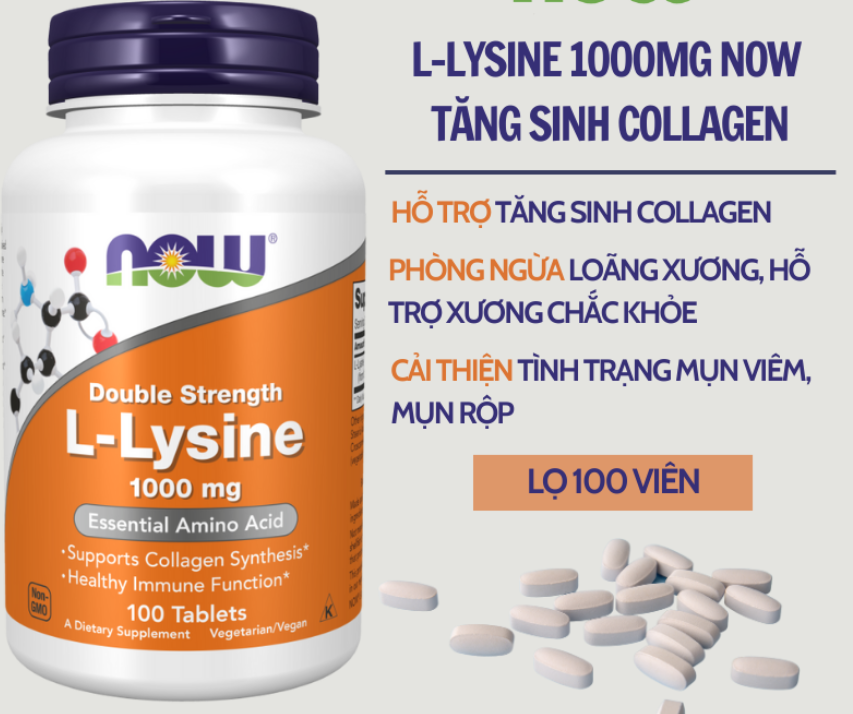 Viên uống hỗ trợ miễn dịch, tăng sinh collagen Now L-Lysine 1000mg 100 viên