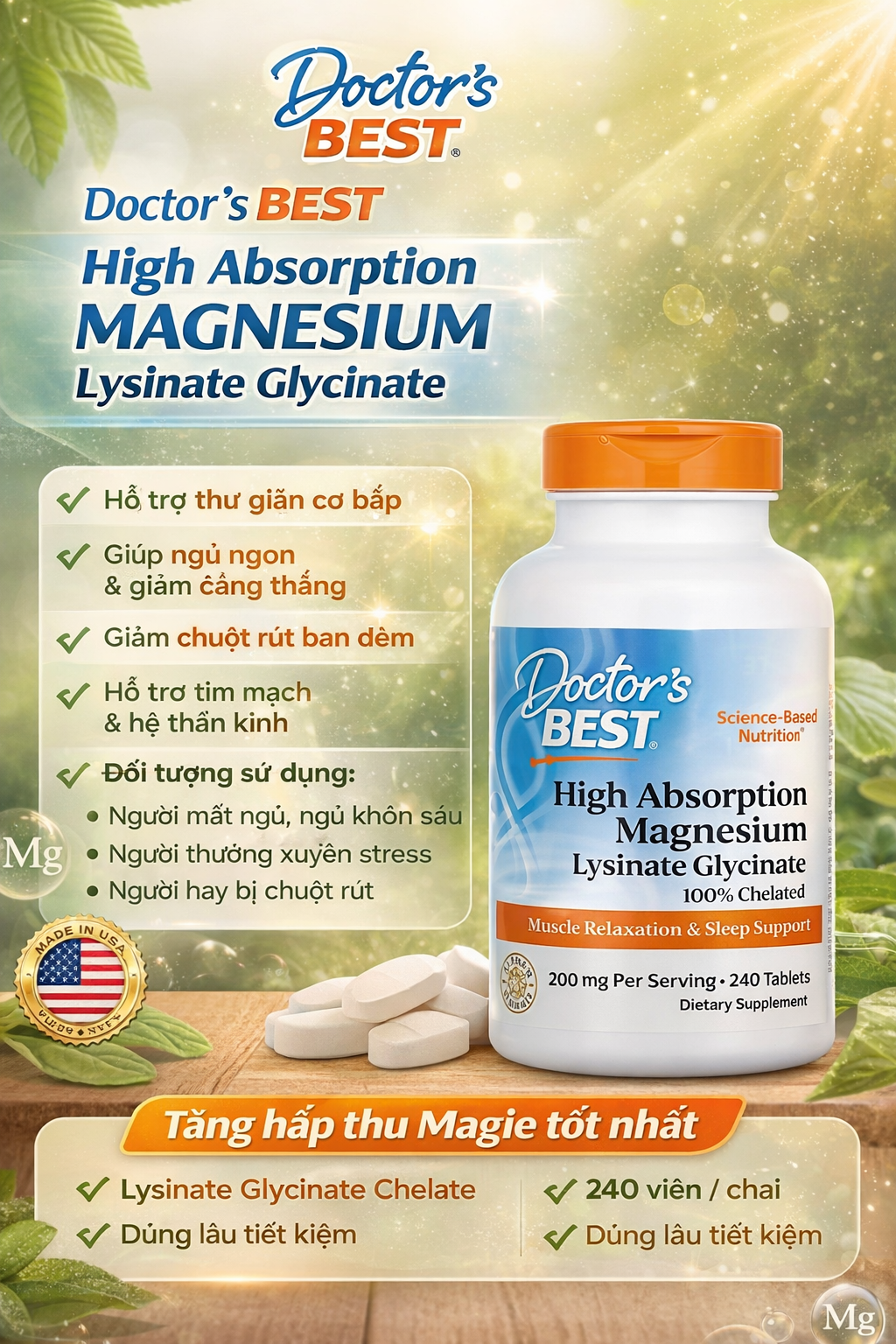 Review chi tiết: Doctor's Best High Absorption Magnesium Lysinate Glycinate 240 Tablets
