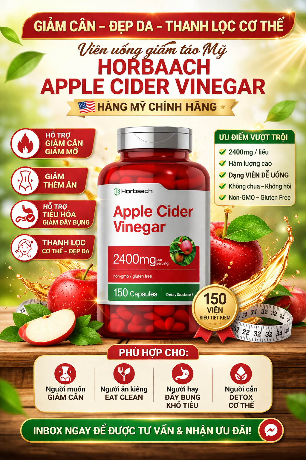  Review viên uống giấm táo Mỹ Horbaach Apple Cider Vinegar 2400mg – Có tốt không