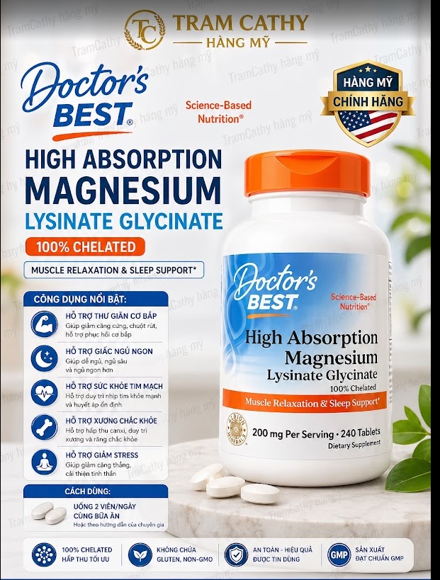 240 viên Doctors Best High Absorption Magnesium 200mg - Hỗ Trợ Thư Giãn Cơ Bắp Và Cải Thiện Giấc Ngủ