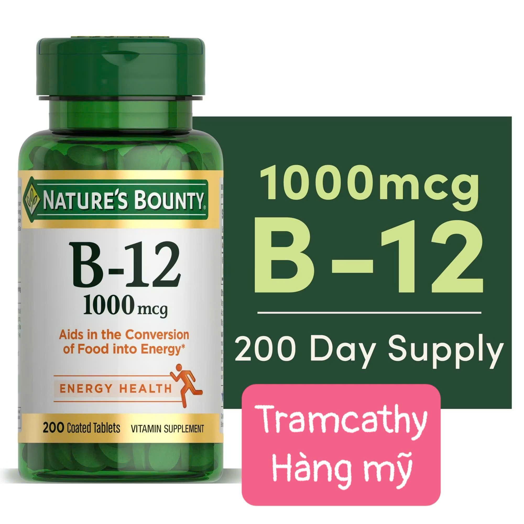 200 viên 1000mg Nature s Bounty B12 1000mcg 200 Viên – Hỗ Trợ Năng Lượng, Thần Kinh Và Tuần Hoàn Máu