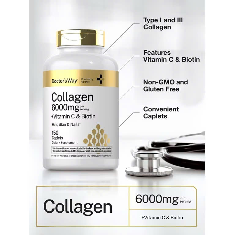 150 Viên Doctor’s Way Collagen 6000mg + Vitamin C & Biotin 150 Caplets - Collagen Type I & III hỗ tr