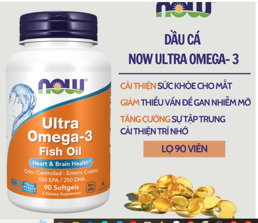 Viên uống dầu cá Now Ultra Omega-3 500 EPA/250 DHA bổ mắt tăng đề kháng 90 viên