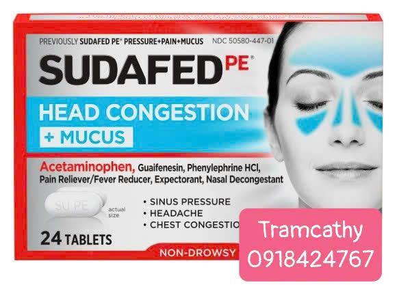 24 Viên Sudafed PE Head Congestion + Mucus – Giảm nghẹt mũi, đau đầu, tiêu đờm hiệu quả không gây bu