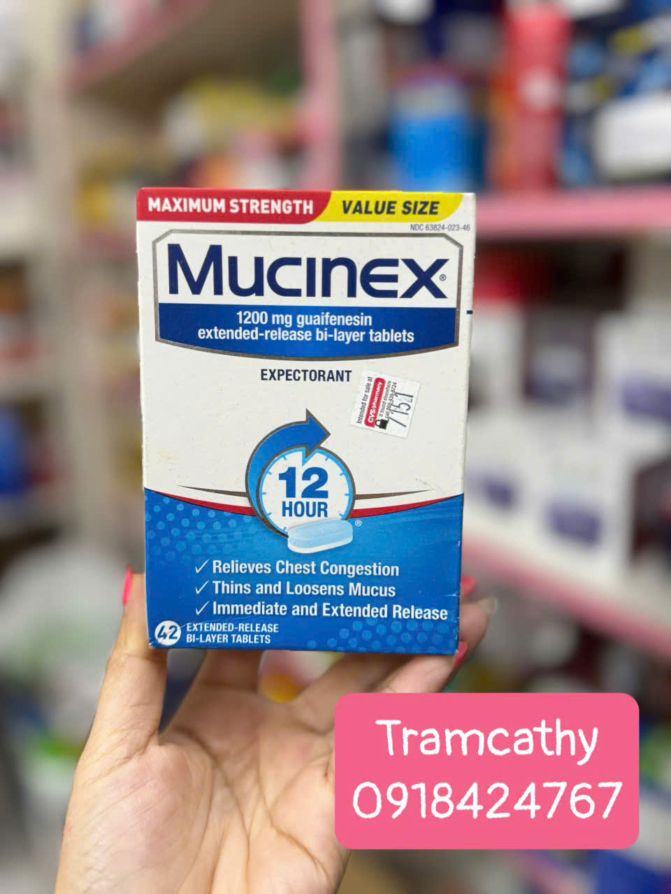 date 3-2025 Viên uống cắt cơn ho có đàm, tức ngực Mucinex Maximum Strength 42 viênViên uống cắt cơn 