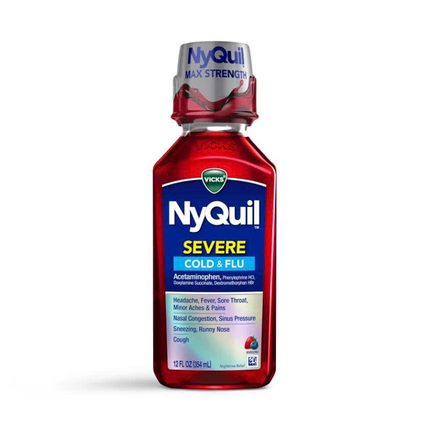 235 ml Vicks NyQuil Severe Cold & Flu 12oz – Siro cảm cúm giảm ho, nghẹt mũi, sốt (dùng ban đêm)