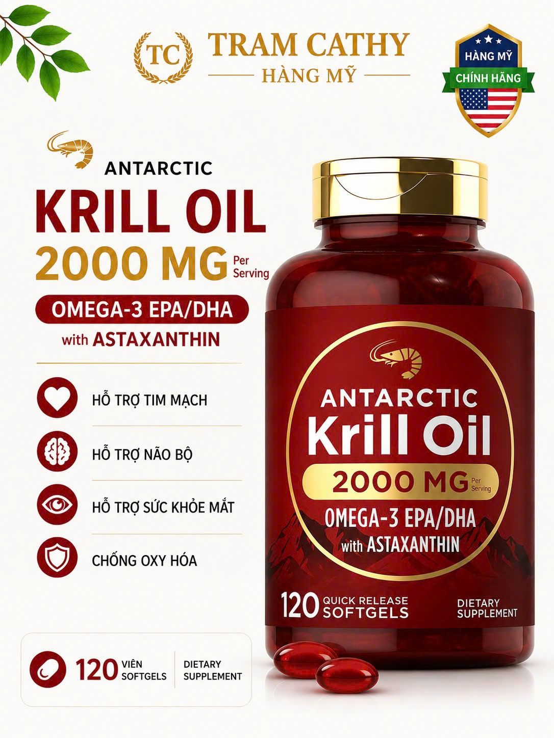 Mẫu mới -120 viên Carlyle Antarctic Krill Oil 2000mg Omega-3 EPA/DHA with Astaxanthin krill oil 2000