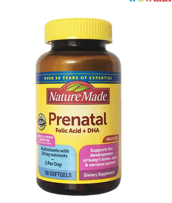 90 viên Vitamin tổng hợp Nature Made Prenatal với Axit Folic + DHA: Hỗ trợ thiết yếu cho thai kỳ