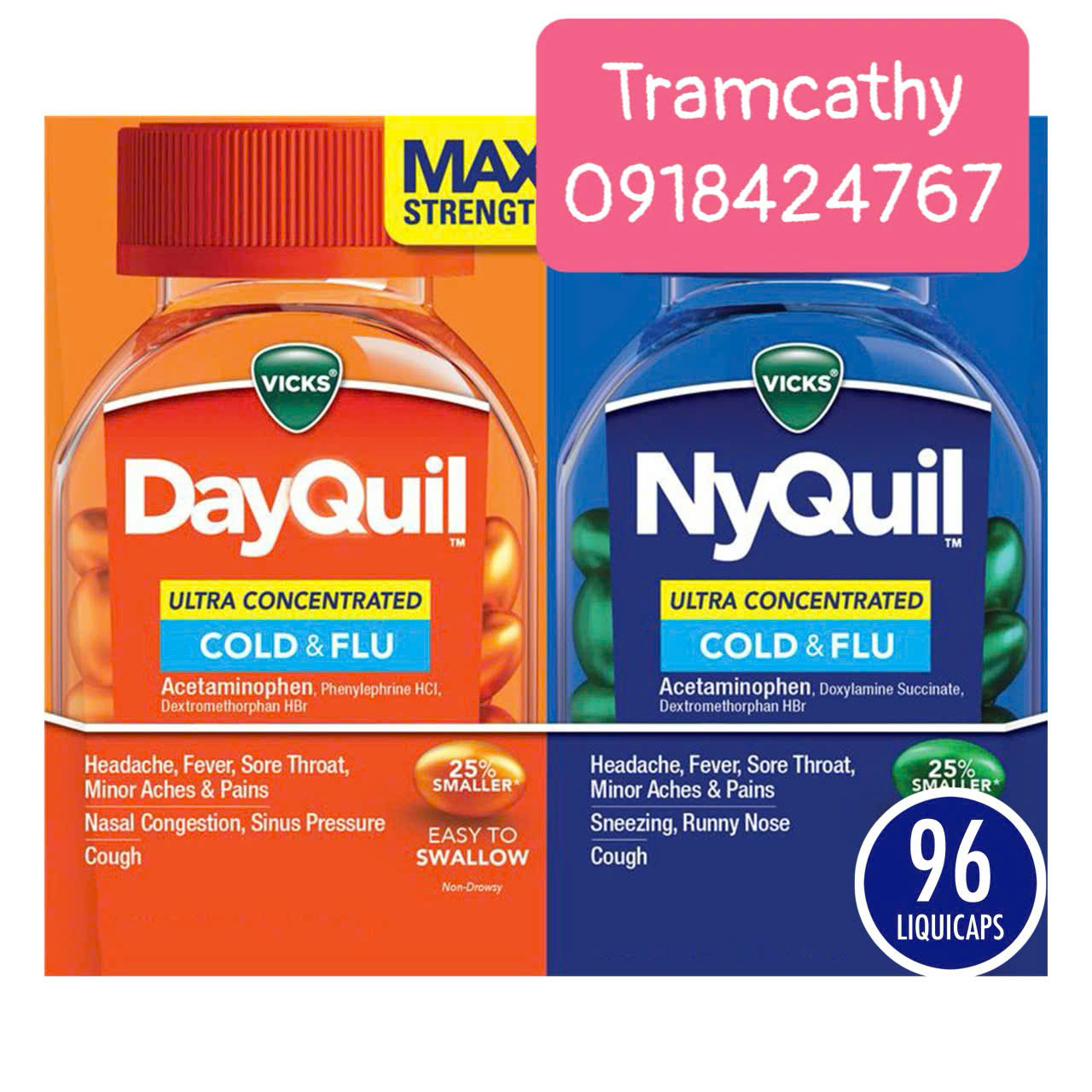 96 viên Vicks DayQuil and NyQuil Cold and Flu Ultra Concentrated Liquicaps, Cold Medicine for Adults