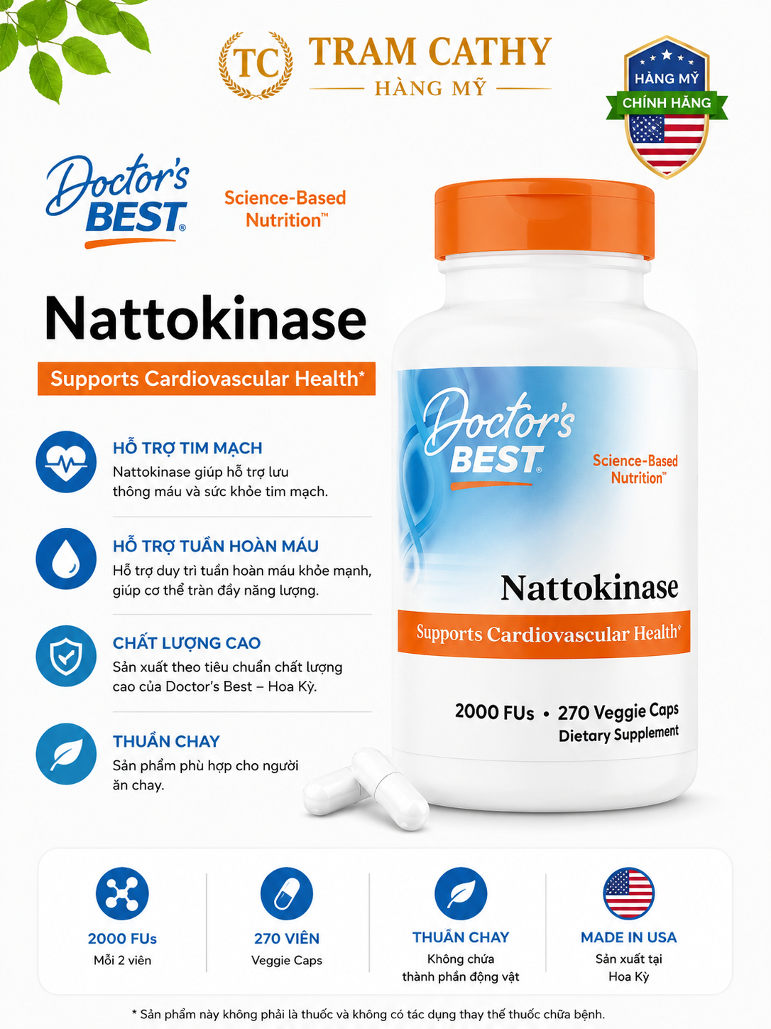 270 Viên Doctors Best Nattokinase 2000 FU 270 Viên Hỗ Trợ ngăn ngừa đột quỵ
