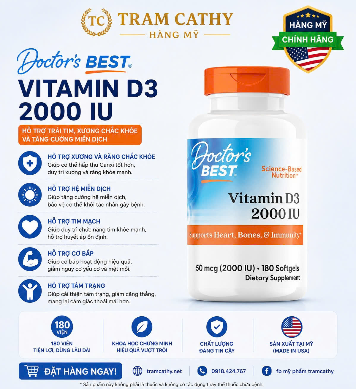 Doctors Best Vitamin D3 2000 IU 180 Viên – Hỗ Trợ Xương Khớp, Tim Mạch Và Miễn Dịch