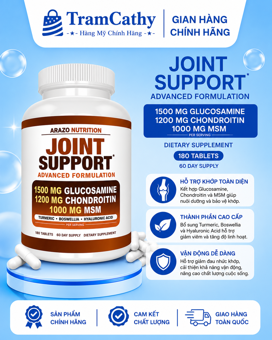 Khớp nâu 180 viên Arazo Nutrition Joint Support Advanced Formulation - Glucosamine Chondroitin MSM H