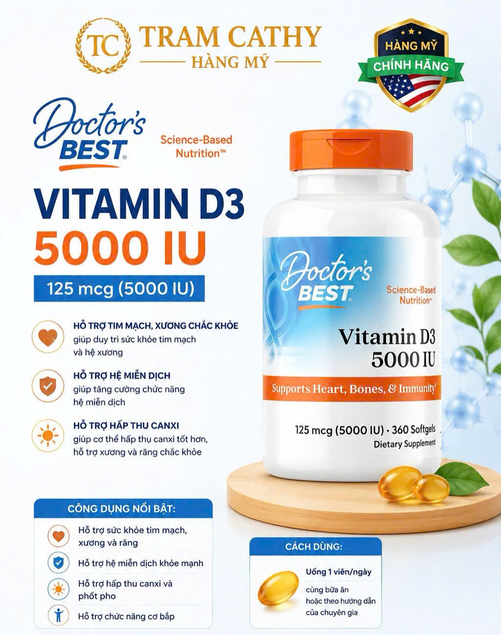 360 viên 5000iu Doctor s Best Vitamin D3 – Hỗ Trợ Xương Khớp, Miễn Dịch Và Sức Khỏe Tổng Thể
