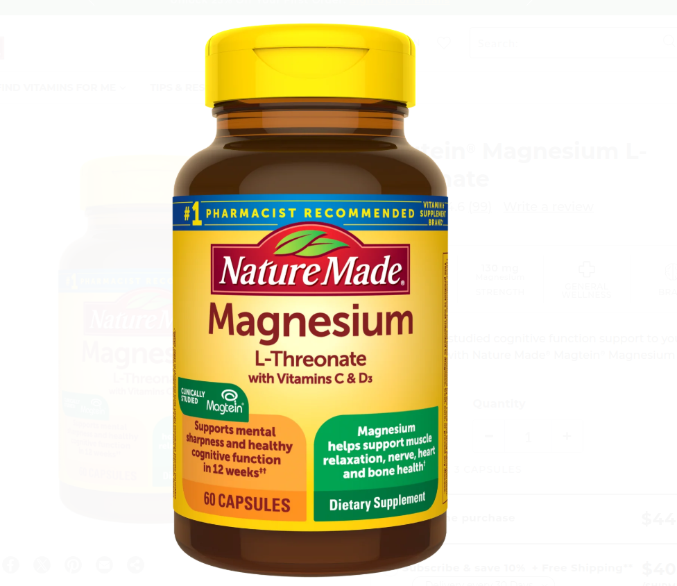 60 viên  Nature Made Magnesium L-Threonate with Vitamins C & D3 – 60 viên