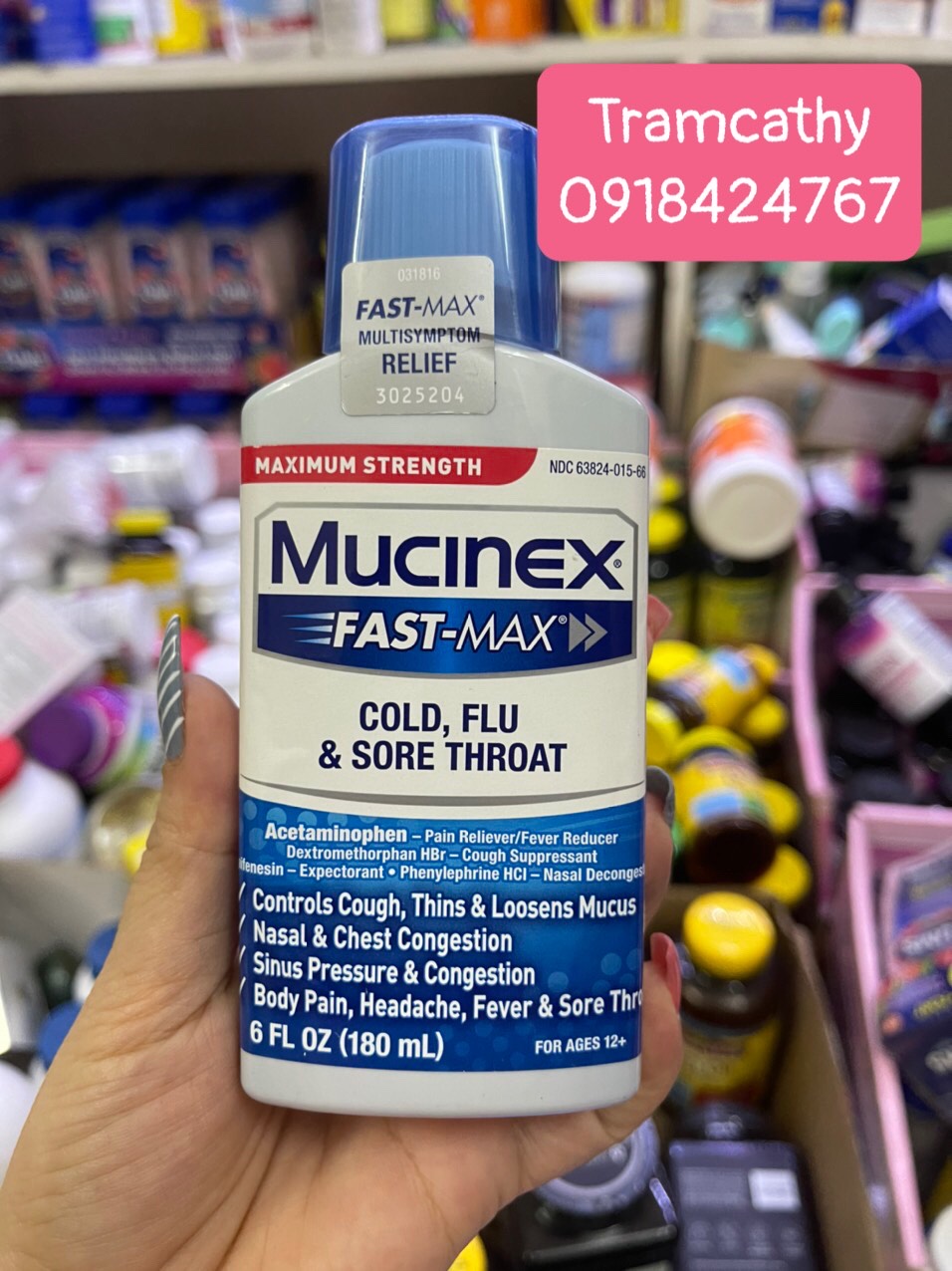Siro giảm cảm cúm, viêm họng Mucinex Fast-Max Cold Flu Sore Throat