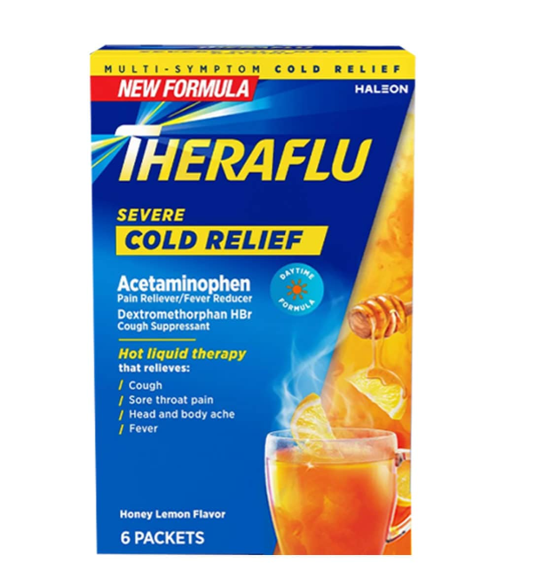6 gói Theraflu Severe Cold Relief – Bột hòa tan giảm cảm cúm, ho, đau họng vị mật ong chanh (6 gói)