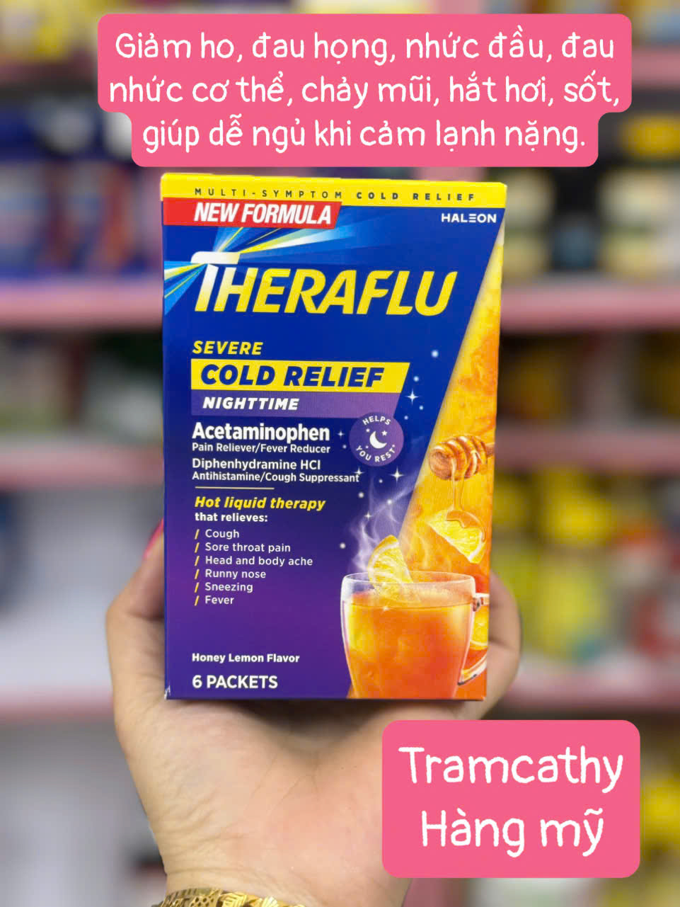 6 gói trà Theraflu Severe Cold Relief Nighttime – Giảm Cảm Lạnh, Sốt, Đau Họng & Giúp Dễ Ngủ