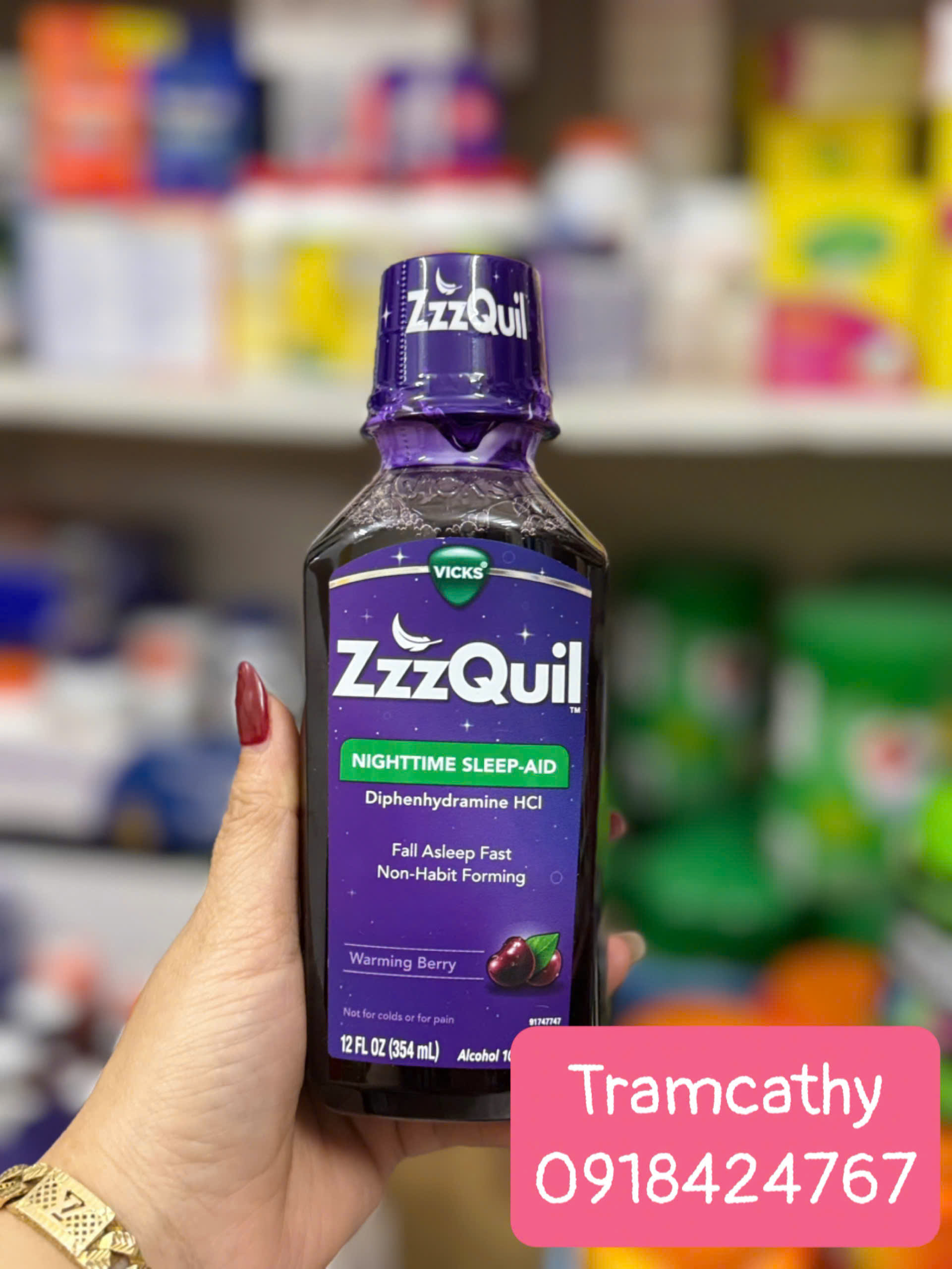 Siro hỗ trợ giấc ngủ ban đêm Vicks Nyquil ZzzQuil Nighttime Sleep Aid 354ml (Midnight Berry)