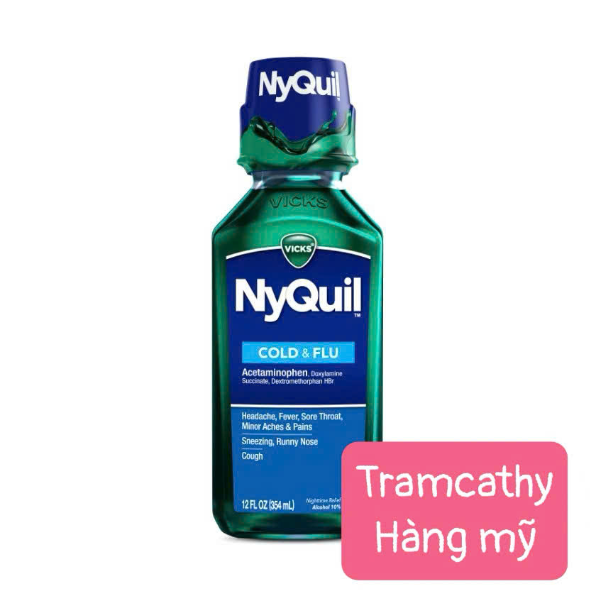Vicks NyQuil Cold & Flu 354ml – Hỗ Trợ Giảm Cảm Cúm, Sốt, Ho, Nghẹt Mũi, Đau Họng cho ban đêm