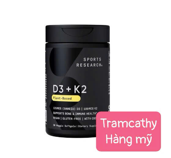 30 viên Sports Research D3 + K2 Plant-Based 5000 IU – Vitamin D3 & K2 từ thực vật hỗ trợ xương và mi